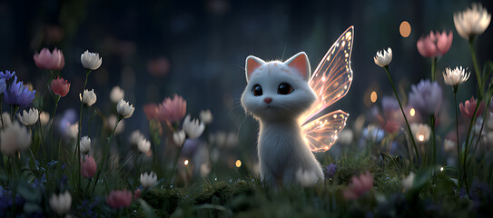 a cute white kitten sits in the flower meadow