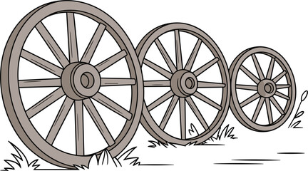 Wooden cart wheel vector set, hand drawn antique wagon wheels in grass isolated on white background © MdMajnur