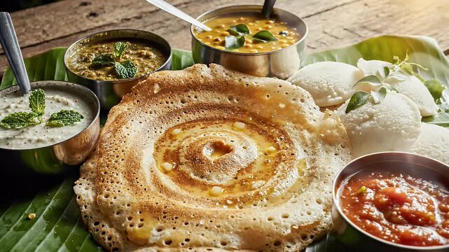 South Indian breakfast set with dosa, idli, and chutney bowls