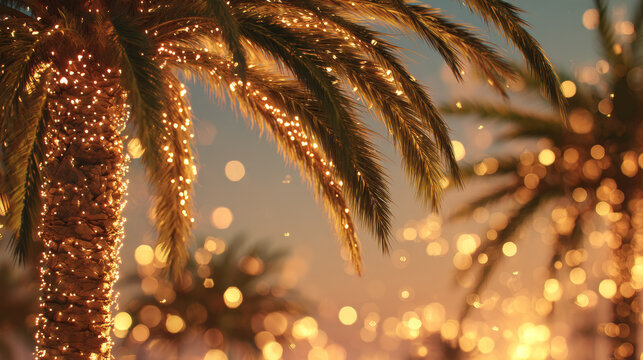 Decorated palm tree with string lights on a beach during sunset, creating a festive and tropical atmosphere with warm glowing illumination