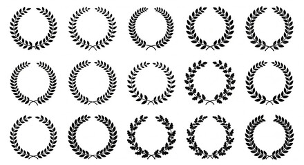 Black and white circular laurel and oak wreath silhouettes for awards heraldry and noble emblems © MdtTahomidHossain