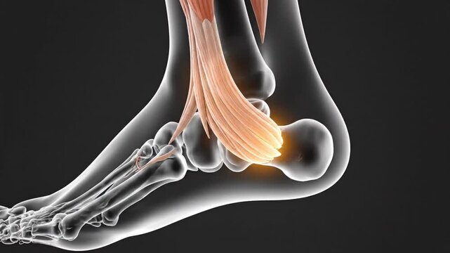 Achilles tendon injury highlighted in 3D medical illustration of human ankle anatomy