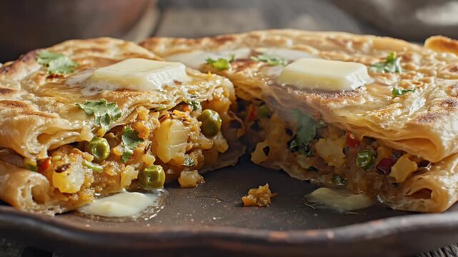 Stuffed paratha cut open with visible filling texture and golden surface