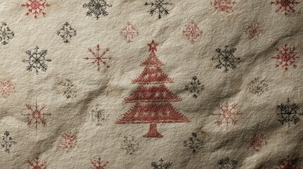 Festive digital illustration on textured paper, featuring a Christmas tree and snowflake designs in muted red and grey tones