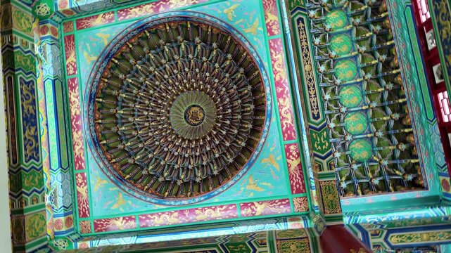 Intricately decorated ceiling of the Thean Hou Temple in Kuala Lumpur, Malaysia