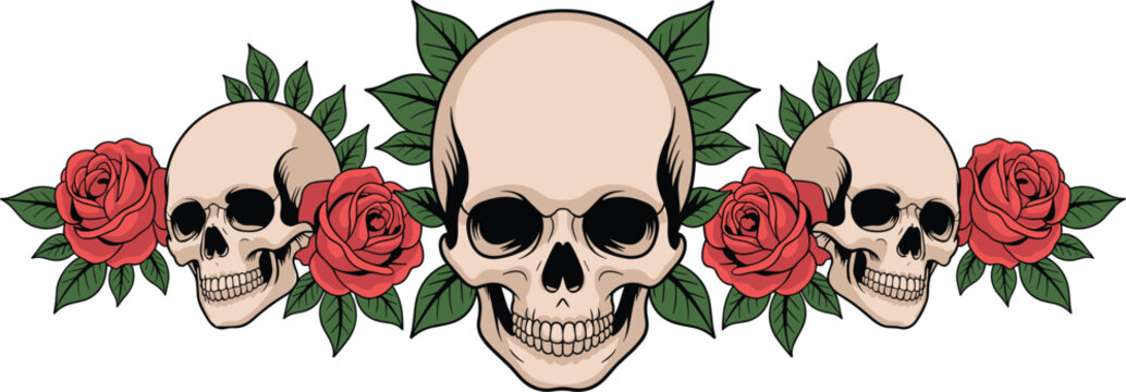 Skulls and roses vector illustration, decorative horizontal border with human skulls, red roses, and green leaves isolated on white