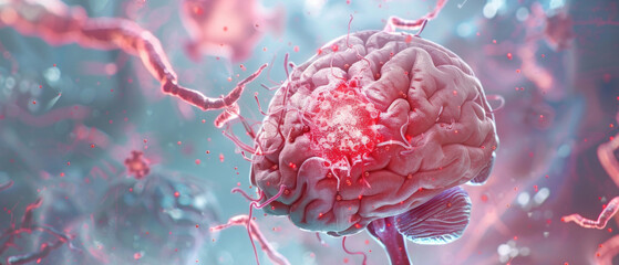 A brain with inflamed areas illustrates neurological problems, useful for scientific presentations or medical background information.