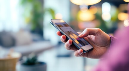 Close up of a person's hand holding and scrolling on a smartphone in a modern indoor setting for digital communication concept and online lifestyle