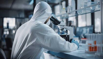 Dedicated Scientist in Protective Gear Conducting Crucial Research with Microscope in Modern Laboratory Setting