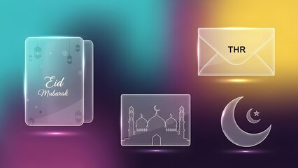 A set of modern Islamic icons featuring glassmorphism and frosted glass effects. Includes Eid greeting cards, THR (holiday allowance) envelopes, mosques, and crescent moons with vibrant neon gradients