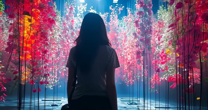 A woman stands amidst a vibrant flower installation with hanging red and pink flowers under blue lighting, creating a dreamy atmosphere.