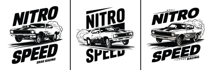 Vintage muscle car illustrations feature bold nitro speed and drag racing themes perfect for apparel design © Vectyx