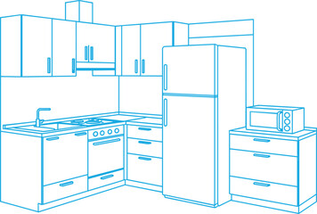 Modern kitchen interior vector illustration, isometric line art of a modular kitchen with cabinets, refrigerator, stove, and microwave