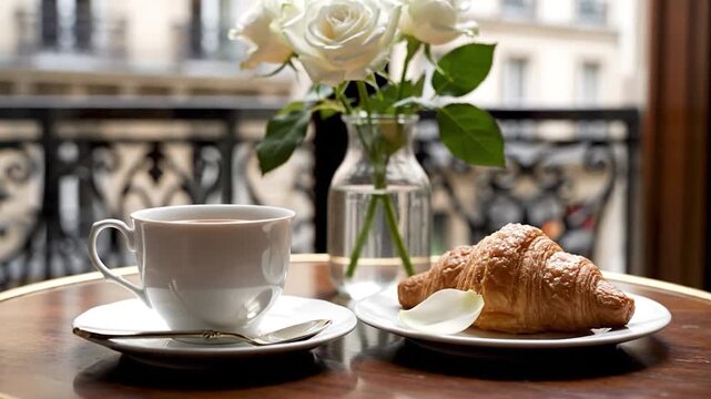 A Parisian breakfast setup on a table. Includes coffee, croissant, roses, and a balcony view