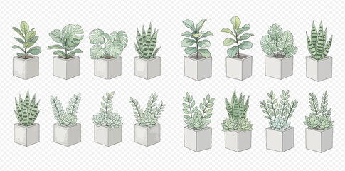 Collection of various watercolor succulent and houseplant illustrations in square pots, perfect for home decor and botanical designs.