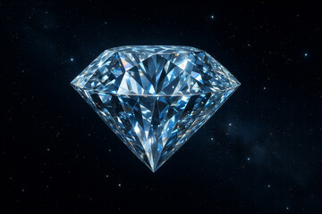 Brilliant cut diamond floating in a starry deep space background