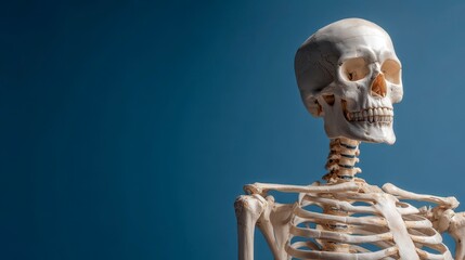 A detailed human skeleton's head, neck, and upper torso posed against a solid blue backdrop