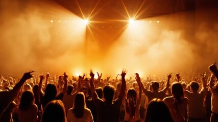 A lively crowd enjoys a concert video with raised hands under bright stage lights and fog. Lofi Animation