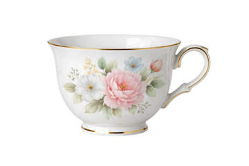 White tea cup with a delicate pastel flower, isolated on a clean white background. Elegant minimalist still life ideal for lifestyle branding, wellness concepts and refined editorial designs.