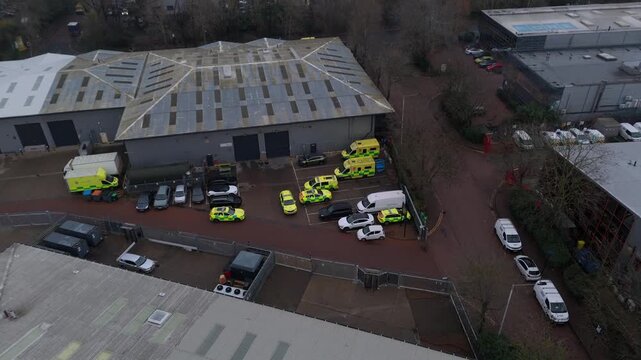 Aerial View Ambulance Depot and Vehicle Storage Site in London. Emergency NHS Services and First Responders