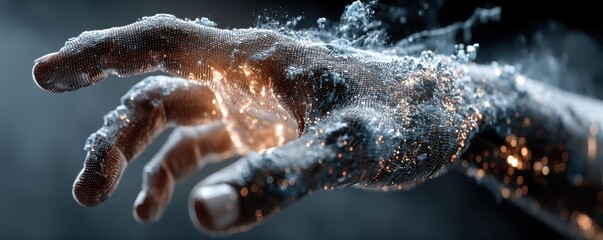 Conceptual banner of metallic hands reaching toward a digital glow and data world