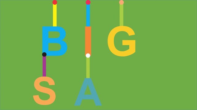 Brightly colored geometric letter shapes spelling out the word big hanging from thin colorful strings against a solid green background illustrating basic typography and early childhood education conce