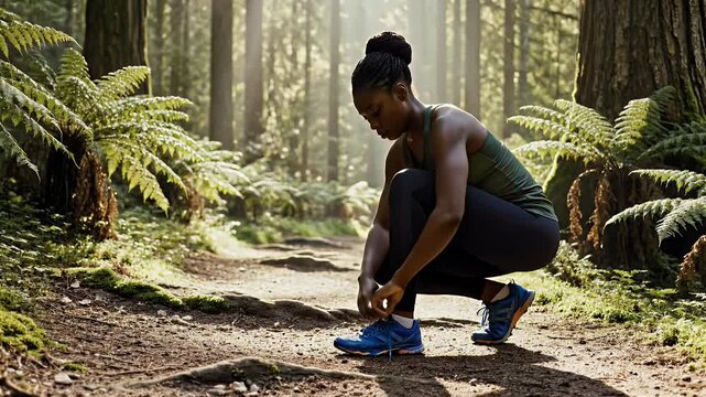 Focused female athlete tying her running shoes on a sun-drenched forest trail preparing for an outdoor workout and embracing a healthy active lifestyle - Powered by Adobe
