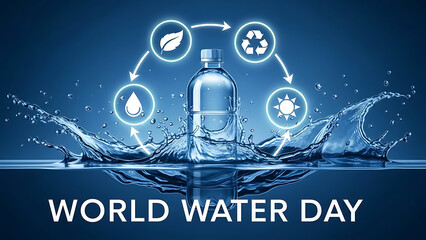Water bottle with icons highlighting conservation on World Water Day  