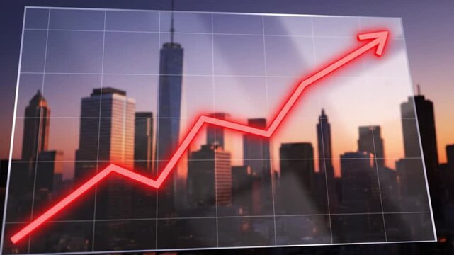 A vibrant, glowing red arrow dramatically ascends across a transparent, gridded display, symbolizing robust growth and positive market trends. In the softly blurred background, a modern city skyline a