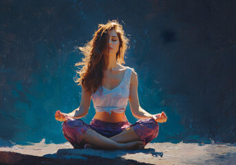 Digital oil painting of woman meditating outdoors in peaceful pose with abstract blue background