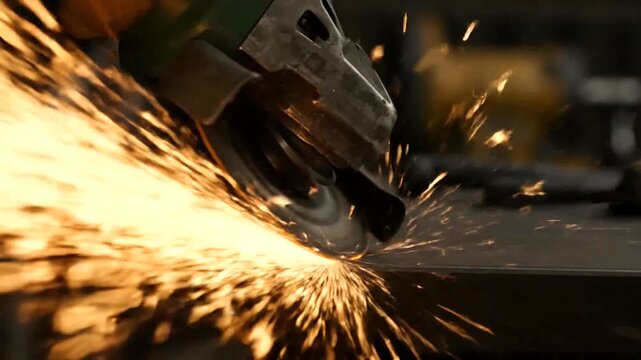 Metal Grinding with Sparks Flying in Industrial Setting.