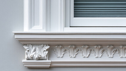 Obraz premium Decorative white window sill with ornate carved trim and detailed molding on a house exterior