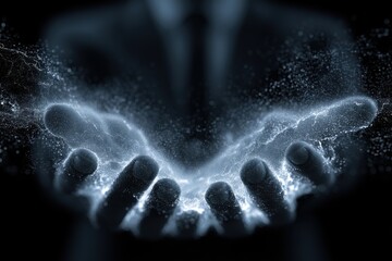 Europe map hologram held in glowing digital hands, technology and innovation concept