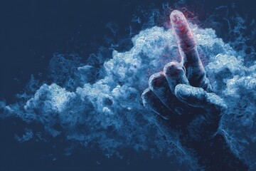 Hand lifts finger toward digital cloud, symbolizing tech empowerment, innovation, and futuristic control