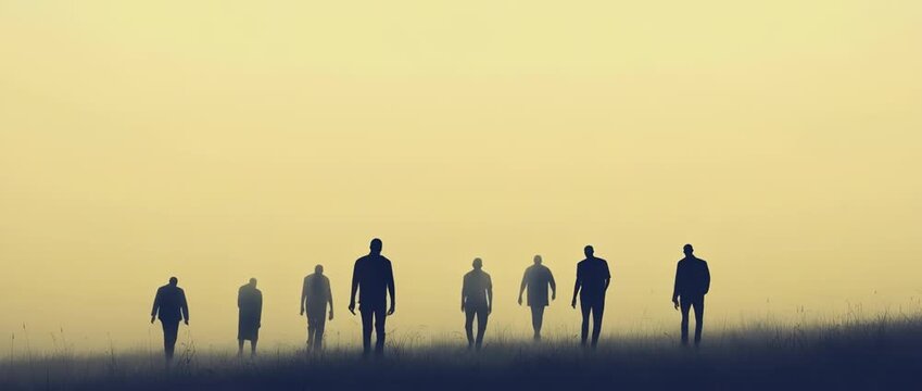 Silhouetted Figures Walking Through Misty Field at Dawn Men Walking Together