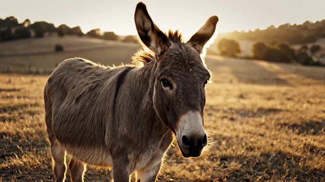 Donkey Standing in a Field, Lit by Sunrise