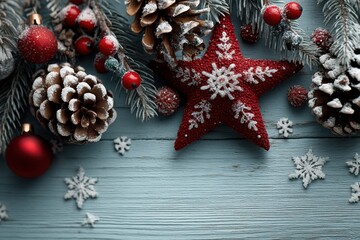 Red star ornament with pine cones and frosted berries on blue wooden Christmas background