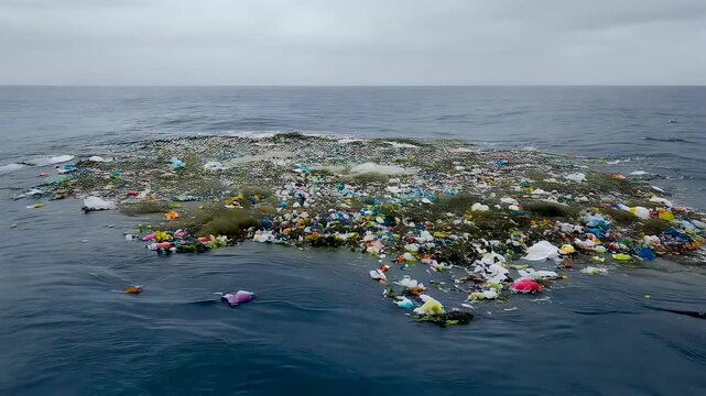 Floating ocean garbage patch spreading across open sea with plastic debris, polluted water surface, and large scale marine environmental damage