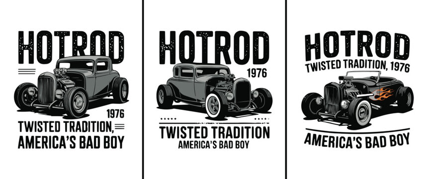 Collection of three distinct graphic designs featuring vintage hot rod automobile illustrations and bold American typography slogans
