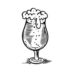 Hand drawn beer goblet with foam in classic engraving style