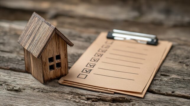 A miniature wooden house next to a clipboard with a checklist on a rustic wooden surface, representing property or home-related concepts
