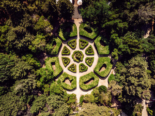 Aerial view of meticulously designed garden, a verdant tapestry of geometric hedges and lush trees, revealing the intricate beauty from above, Dubrovnik, Dubrovnik-Neretva County, Croatia.