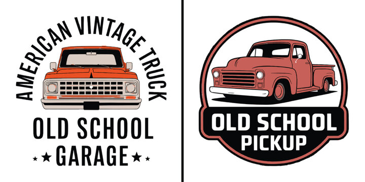 Collection of two distinct vintage American pickup truck emblems featuring retro automotive designs for garage branding concepts.