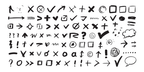 Massive collection of various hand drawn doodle icons arrows checkmarks crosses and speech bubbles isolated on white © Moni