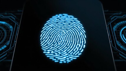 A visually striking digital animation showcases a luminous blue fingerprint pattern, dynamically appearing and scanning on a dark, futuristic screen. Intricate circuit board designs and glowing elemen - Powered by Adobe