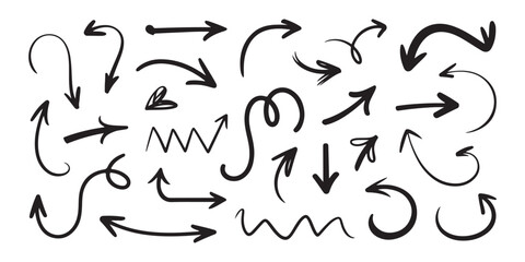 Creative sketchy arrow set with diverse hand drawn pointers featuring loops curves and sharp geometric line shapes