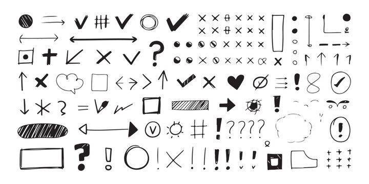 Large set of hand drawn doodle symbols including arrows checks crosses and question marks isolated on white background