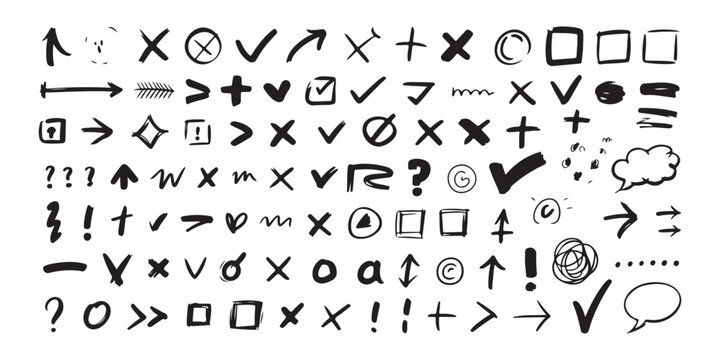 Massive collection of various hand drawn doodle icons arrows checkmarks crosses and speech bubbles isolated on white