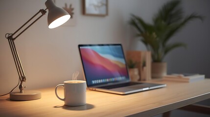 Home office setup with laptop and coffee