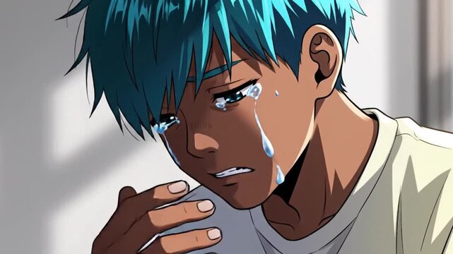A young anime character crying and covering his face with his hand in a moment of sadness in this emotional video. Lofi Animation